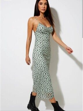Motel Rocks Midi Dress in Sage Flower Buds Black Flock XS